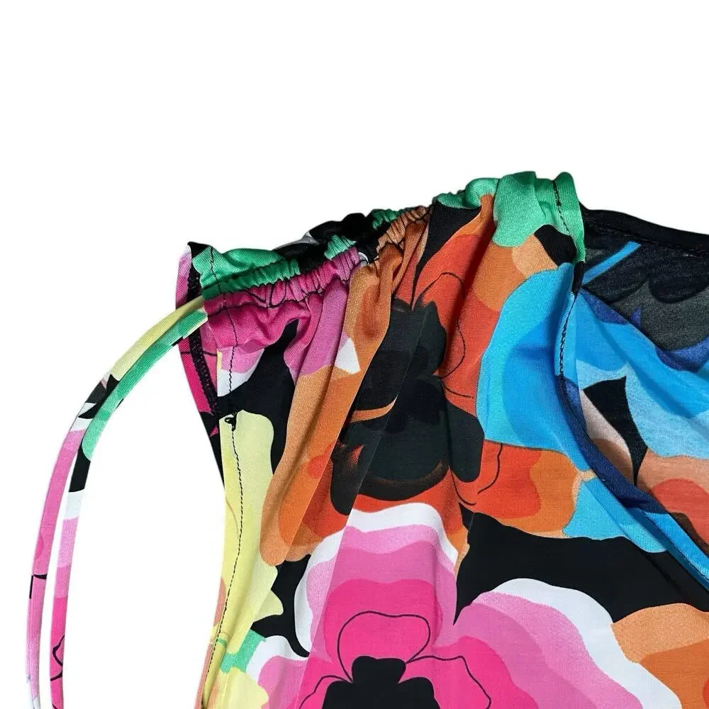 Milano‎ Floral Suit Cover Faux Wrap Top Women Sz 1X Plus Rashguard Artsy Ruched